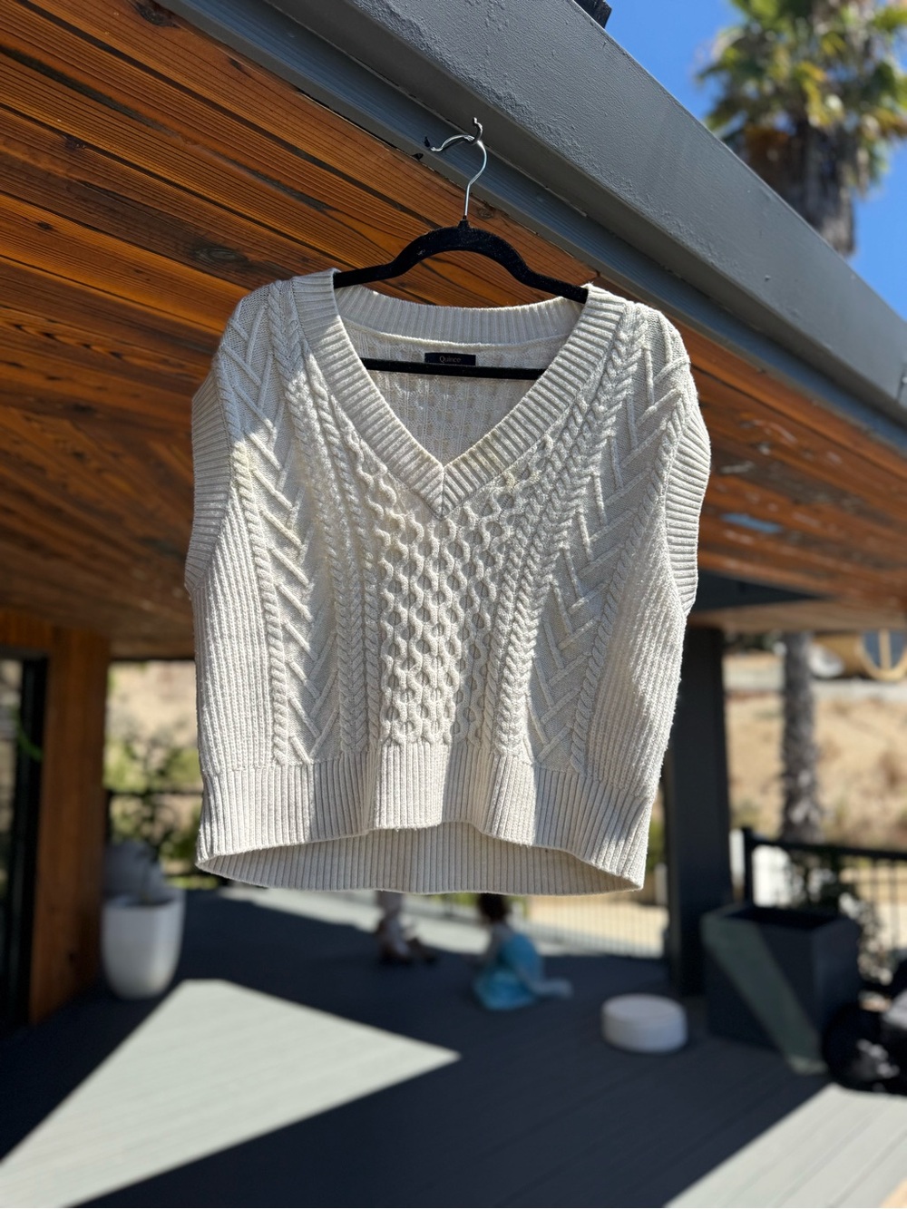Quince Cream Cable Knit V-Neck Sweater
